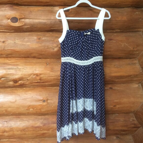 Ryu Anthropologie Blue/White Polka Dot Lace Vintage Inspired Swing Lined Dress L - Picture 1 of 6